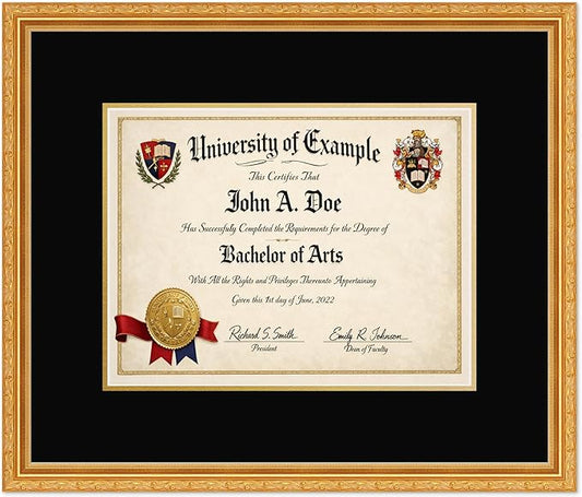 CountryArtHouse Diploma Frame Fits 13 x 10 College Diploma (Traditional) - Keepsake Graduation Display Museum Gold Genuine Hardwood with Black Over Metallic Gold Double mat
