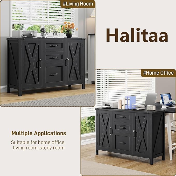 3 Drawer File Cabinet, Farmhouse Lateral Filing Cabinet with Doors Fits Letter or A4 Size, Wooden Printer Stand with Open Storage Adjustable Shelf for Home Office, Rustic Black