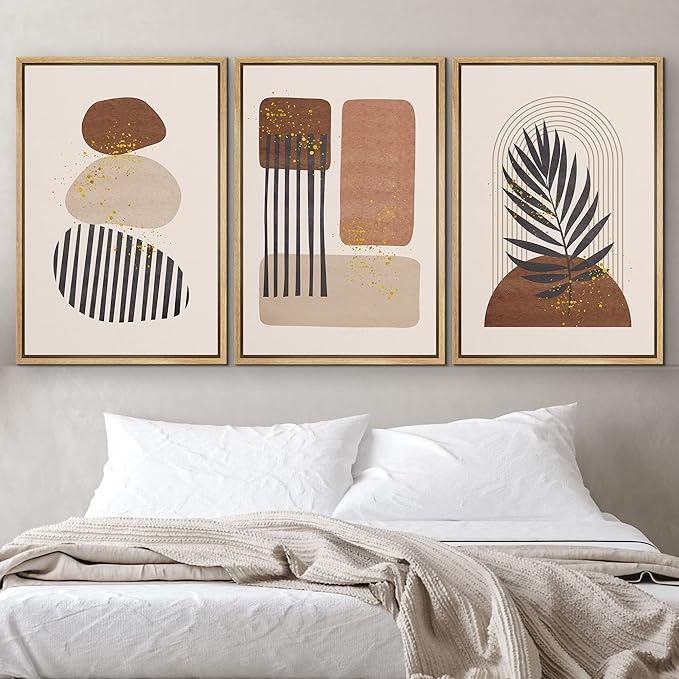 IDEA4WALL Framed Canvas Print Wall Art Set Geometric Mid-Century Pastel Polygon Tropical Leaf Abstract Shapes Illustrations Modern Art Nordic for Living Room, Bedroom, Office - 16"x24"x3 Natural