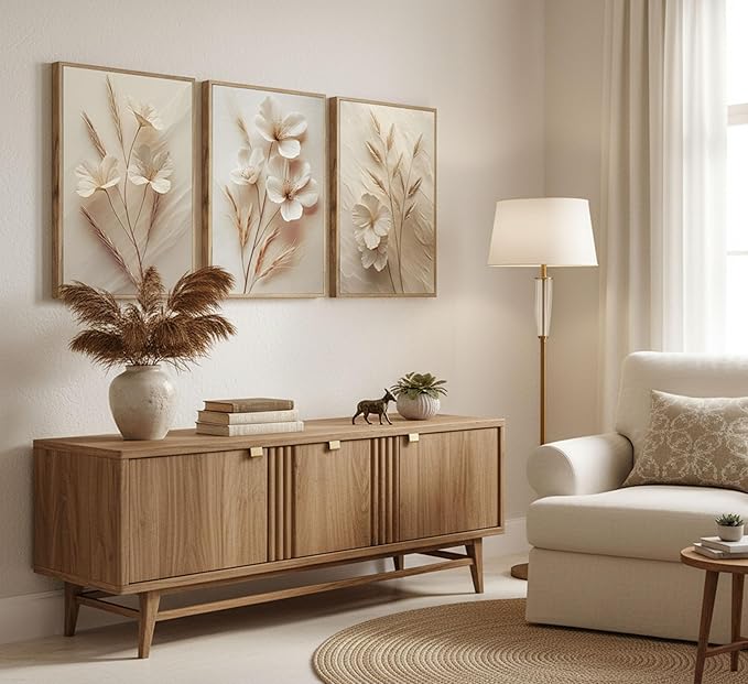 3Pcs Neutral Beige Floral Botanical Canvas Wall art Modern Simple Texture Flower Plant Painting Picture Wall Decor Vintage Blossom Poster Print Artwork for Living Room Bedroom Bathroom Unframed