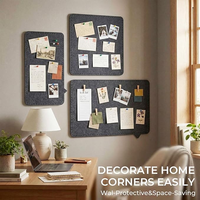 3 Pack Large Felt Bulletin Boards 24"/16"/7"x 16" Foldable Picture Vision Board for Office Wall Frameless Cork Board with 60 Push Pin for Home, Kitchen, Wall Pin Boards(Grey)