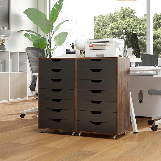 7 Drawers Filing Cabinet, Vertical File Cabinet for Home Office, Mobile Under Desk Office Storage Cabinets with Wheels (Rustic Brown)