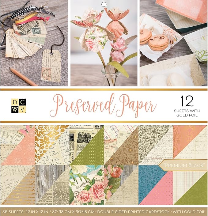 DCWV Printed Cardstock Paper 12x12, 36 Sheets of Scrapbook Paper for Crafts and Card Making, Double Sided Heavy Duty Cardstock with Foil Accents - Preserved Paper