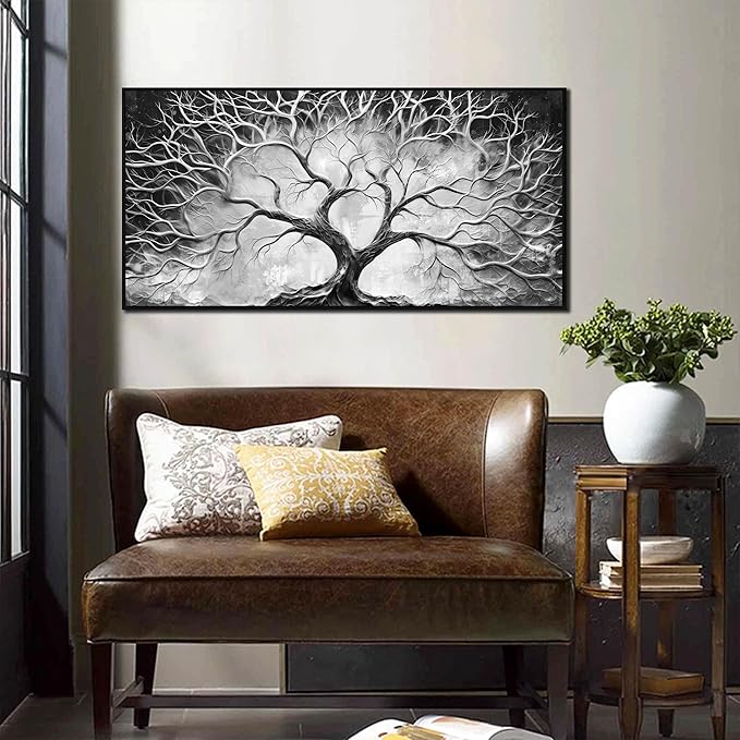 Black and White Pictures Wall Art for Living Room - Black Framed Tree Canvas Wall Art for Office Size 20" x 40"