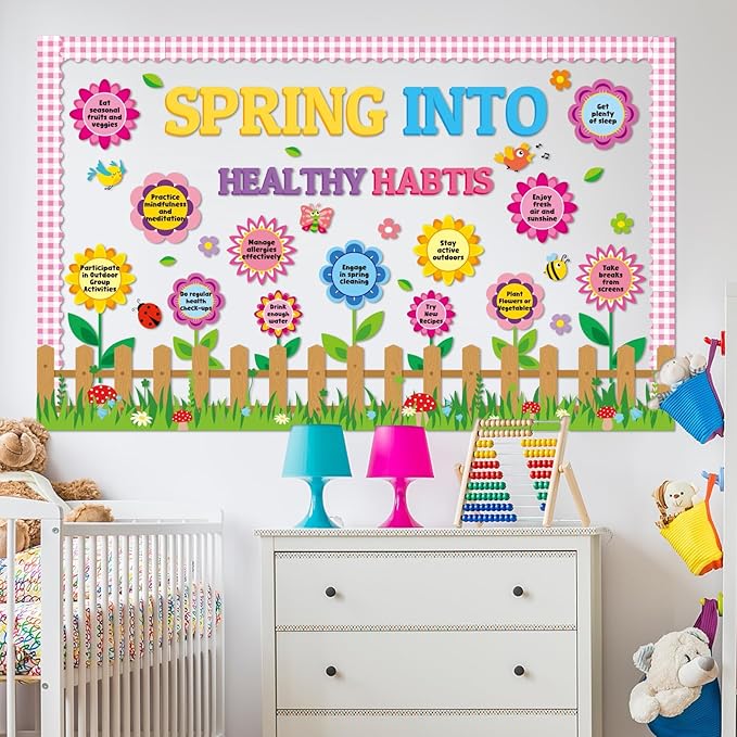 gisgfim Spring Healthy Bulletin Board Set Spring Theme Flowers Classroom Decorations Spring Into Healthy Habits Paper Cutouts for Classroom School Office Home Nursery Chalkboard Door Wall Decor