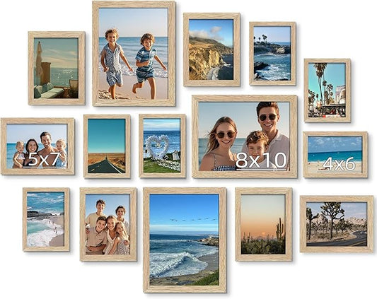 BESCRCL 15 Pack Real Glass Picture Frames Collage Wall Decor, Including 3pcs 8x10, 6pcs 5x7, 6pcs 4x6 Photo Frames for Gallery Wall or Tabletop Display, Natural Woodgrain