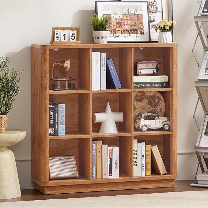 9 Cube Storage Book Shelf, 40.5" Wide Organizer Bookshelf with Curved Edge, Wood Floor Standing 3-Tier Cubby Bookcase with Base, Country Rustic Display Book Case for Library, Office, Brown