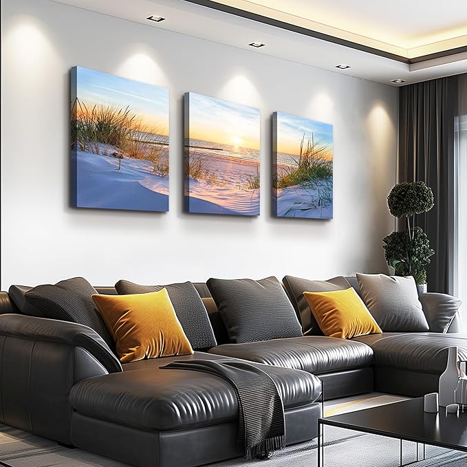 MHARTK66 Wall Decor For Living Room Canvas Wall Art For Bedroom Modern Office Pictures Wall Artwork Blue Sun Beach Grass Ocean Landscape Paintings Canvas Art Prints Home Decorations 3 piece