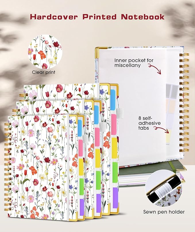 Hardcover Spiral Notebook journal with Removable Dividers Tabs, 300 Pages 5 Subject Notebook College Ruled, 100GMS Notebooks for Work School Note taking,Lined Journal for Women,A5-Flower white