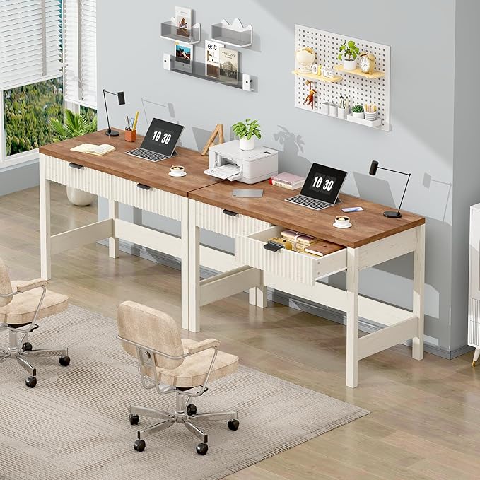 Fluted Computer Desk with 2 Drawers, 39 Inch Small Computer Desk with Storage, Compact Writing Study Vanity Desk for Small Spaces, Antique White