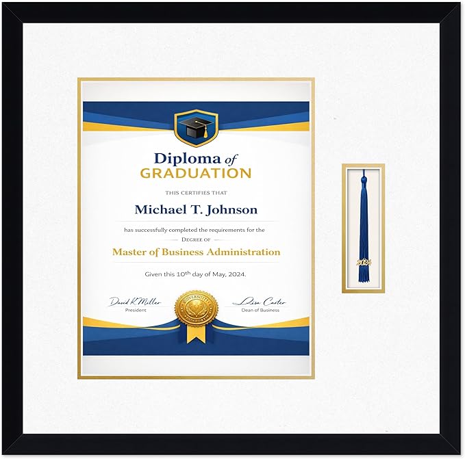Diploma Frame with Tassel Holder Matte Black Shadowbox Oyster Shell Over Gold Mat - Fits 11 x 14 Degree Made in the USA