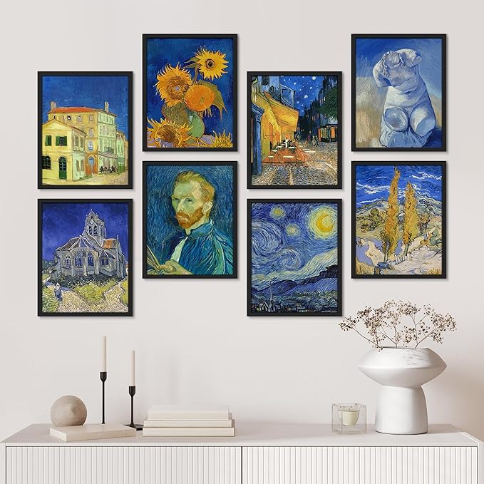 SIGNWIN Framed Poster Bathroom Decor, Wall Art Room Decor Multicolor for Living Room, Bedroom, Office Vincent Van Gogh Sunflower Starry Night Vintage Illustrations Bohemian - 12"x16"x 8 Black