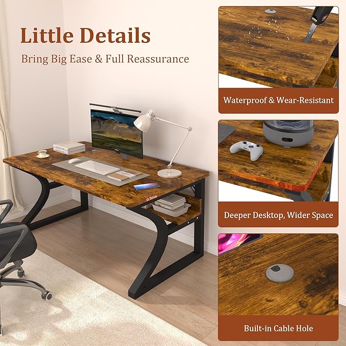 Computer Desk, 55'' Computer Desk Home Office Desks w/Storage Shelves & U Shaped Metal Frame, Study Writing Desk w/Cable Management, Deeper & Thicker Desktop Table for Home Office