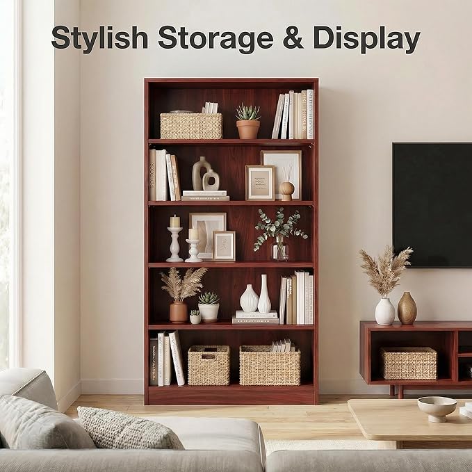 5 Tier Wooden Bookshelf, 60" H Tall Book Shelf with Adjustable Shelves, 33" Wide Bookshelf for Home Office, Living Room