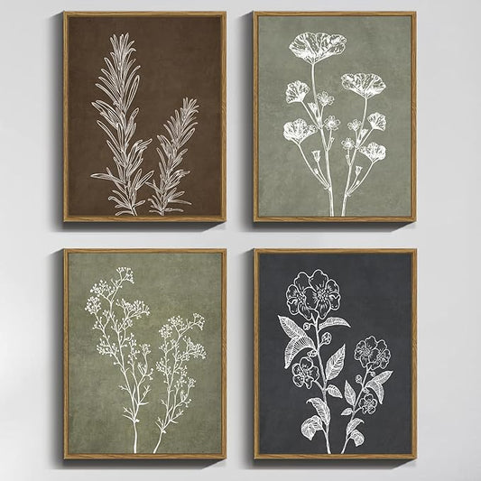 Drsoum Botanical Wall Art Framed Boho Wall Art Decor Wooded Vintage Print Modern Farmhouse Home Kitchen Decor 11x14inx4pcs