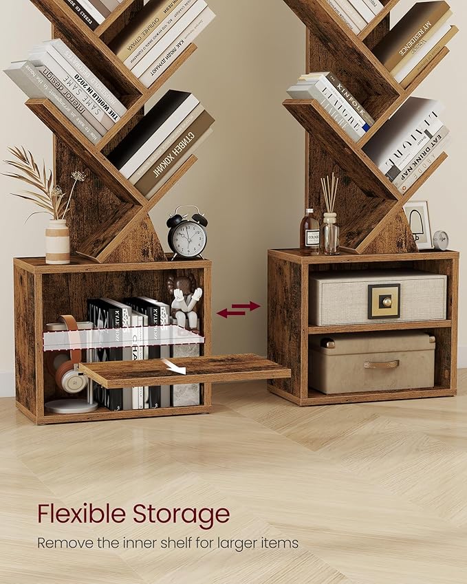 VASAGLE Custos Collection - Tree Bookshelf, Modern Bookcase, Floor Standing Book Shelf, for Bedroom, Living Room, Home Office, 2 Open Compartments, 8 x 15 x 48.5 Inches, Rustic Brown ULBC607K01