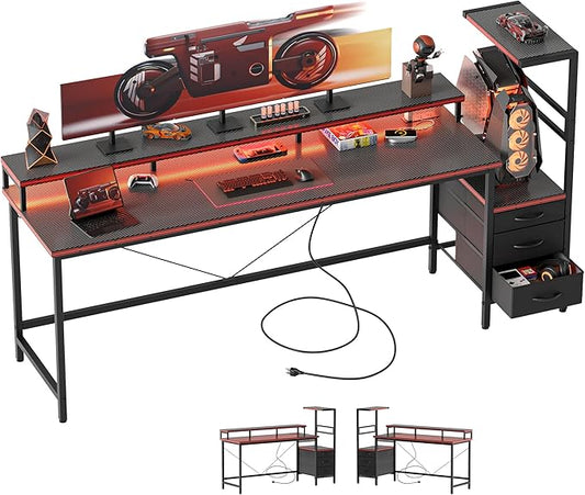 Mericonia Gaming Desk with Power Outlets & LED Lights, Reversible Computer Desk with PC Case Stand, Fabric Drawers, Modern Office Desk with Shelves, Monitor Stand