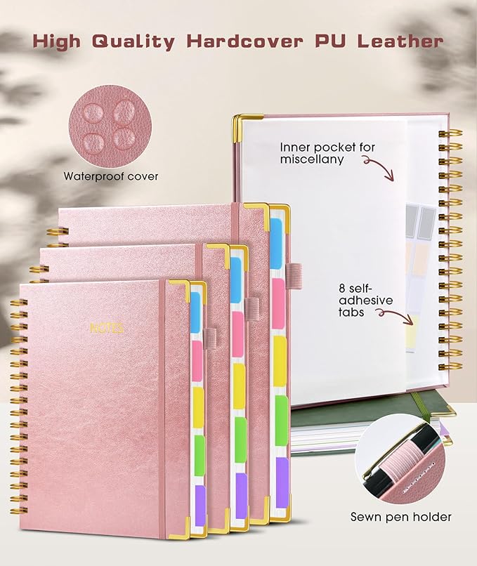 Hardcover Spiral Notebook journal with Removable Dividers Tabs, 300 Pages Leather 5 Subject Notebook College Ruled, 100GMS Notebooks for Work School Note taking,Lined Journal for Women,A5 Rose gold