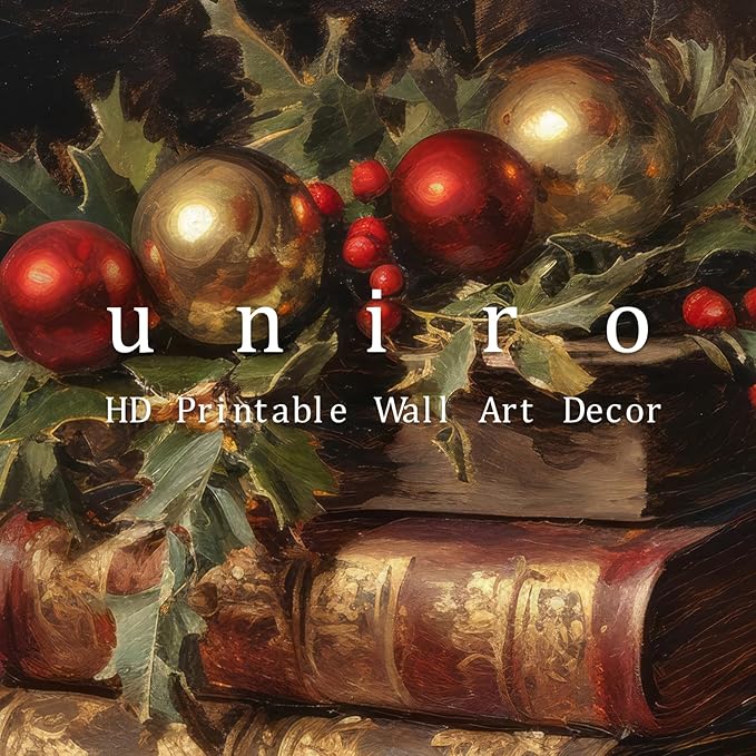 uniro Vintage Rustic Christmas Print Retro Xmas Book Art Oil Painting Dark Academia Decor Winter Farmhouse Holiday Wall Decor for Bedroom, Living Room, Gallery, winter Room Decor, Holiday Decoration Gifts( 8" x 10"-UNFRAMED)