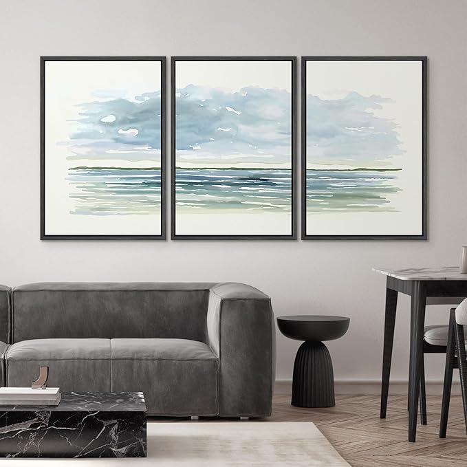SIGNWIN Framed Canvas Print Wall Art Set Blue Watercolor Ocean Scene Coastal Beach Horizon Illustrations Modern Art Decorative Abstract for Living Room, Bedroom, Office - 24"x36"x3 Black