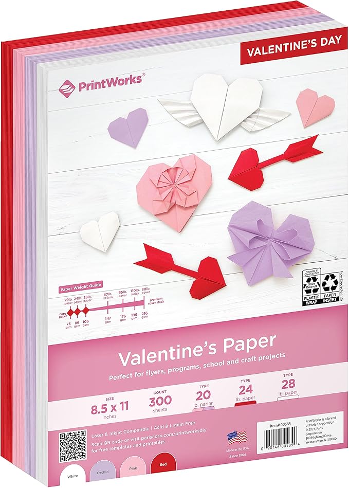PrintWorks Valentine Paper 8.5" x 11" - 300 Sheets - 4 Colors (Red, Pink, White, & Orchid) - Ideal for School & Craft Projects - Made in The USA - 20 lb/75 GSM, 24 lb/89 GSM, 28 lb/105 GSM (00585)