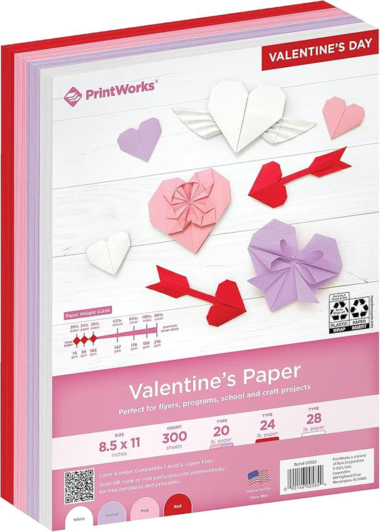 PrintWorks Valentine Paper 8.5" x 11" - 300 Sheets - 4 Colors (Red, Pink, White, & Orchid) - Ideal for School & Craft Projects - Made in The USA - 20 lb/75 GSM, 24 lb/89 GSM, 28 lb/105 GSM (00585)