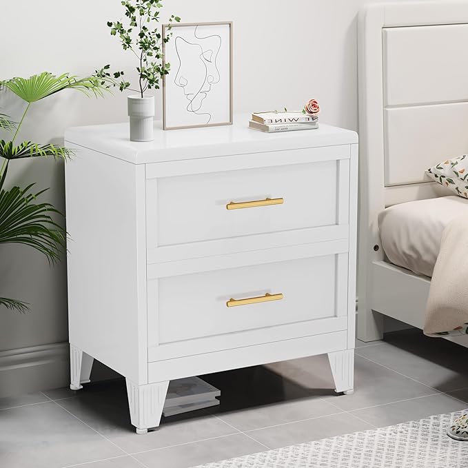 26.42" Tall Dresser for Bedroom 2 Drawers, Metal Dresser Chest of Drawers, Metal NightStand, Circular Drawer Cabinet for Home,Filing Cabinet with Drawers for Office (White)
