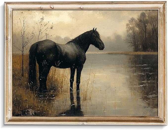 uniro Black Horse Vintage Wall Art Moody Landscape Prints Retro Wall Art Lake Dark Cottagecore Art Foggy Rustic Wall Decor DarkMoodyWallArt(8" x 10"-UNFRAMED)