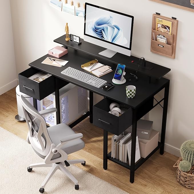 Black Computer Desk with Drawers, 42 Inch Home Office Desk Study Writing Table, Gaming Desk with USB Power Outlets, Office Desk with Fabric Drawer, Work Table with Shelf for Bedroom, Black