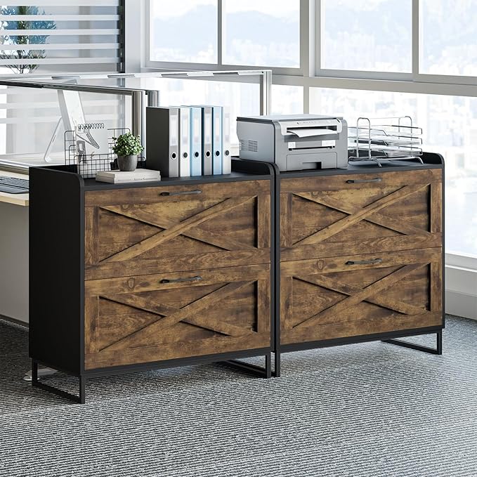 2 Drawer Lateral File Cabinet, Filing Cabinet with Charging Station for Letter/Legal/A4 Size Hanging Files, Modern Farmhouse File Cabinet for Home Office, Printer Stand with Storage, Brown and Black