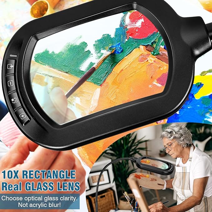 Large Magnifying Glass with Light and Stand, 10X Rectangle Optical Real Glass Lens, Height Adjustable Gooseneck Magnifier Floor Lamp, 5 Color Modes LED Dimmable Lighted Hands Free for Close Work Craft