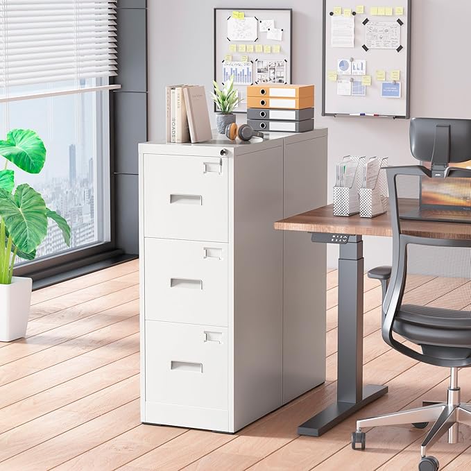 Pataku 3 Drawer File Cabinet with Lock, Sturdy Metal Vertical Filing Cabinets for Home Office, Under Desk Paperwork Storage Fully Extendable Slides Letter Legal A4 Size 18x15x41 Inches, White