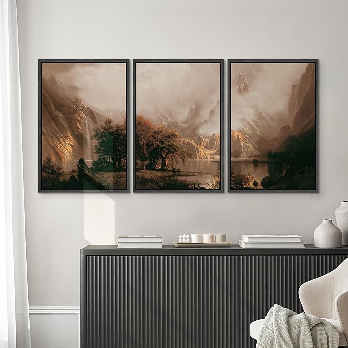 SIGNWIN Framed Canvas Print Wall Art Set Dramatic Mountain Valley Lake Landscape Illustrations Modern Art Decorative Nordic Abstract for Living Room, Bedroom, Office - 16"x24"x3 Black