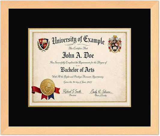 CountryArtHouse Diploma Frame Fits 13 x 10 College Diploma (Traditional) - Keepsake Graduation Display Natural Wood Genuine Hardwood with Black Over Metallic Gold Double mat