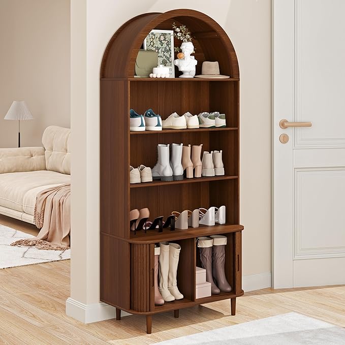 DHH 71" Tall Arched Bookshelf, 5 Tiers Arch Bookcase with Storage, Modern Farmhouse Book Shelf with Adjustable Shelves ＆Sliding Doors, Wood Display Cabinet for Living Room, Office(Walnut)