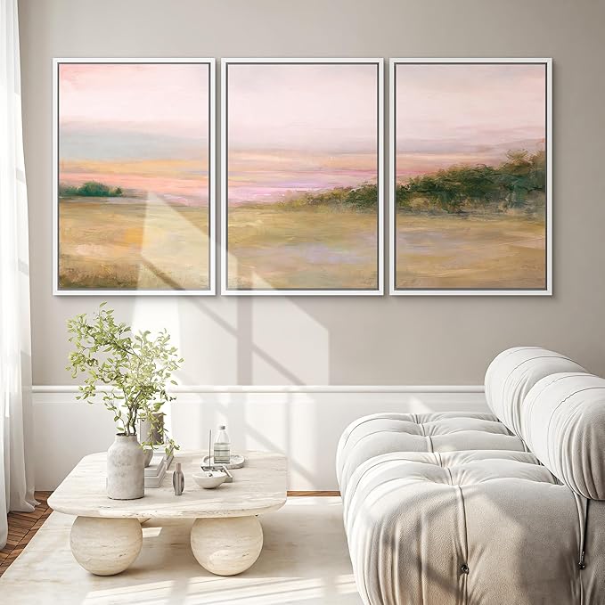 SIGNWIN Framed Canvas Print Wall Art Set Blush Sunset Over Meadow Illustrations Decorative Relax/Calm Zen for Living Room, Bedroom, Office - 16"x24"x3 WHITE
