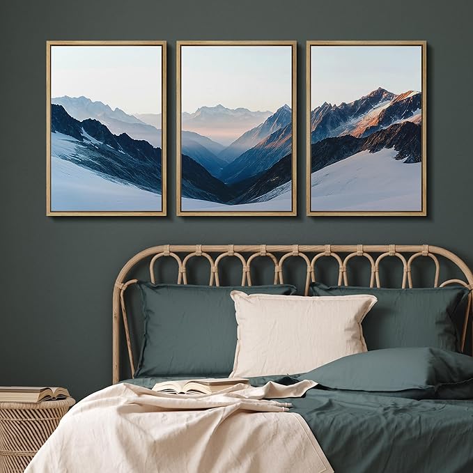 SIGNFORD Framed Wall Art Print Set Snowy Mountain Valley Majestic Winter Alpine Scene Digital Art Modern Art Contemporary for Living Room, Bedroom, Office - 24"x36"x3 Natural