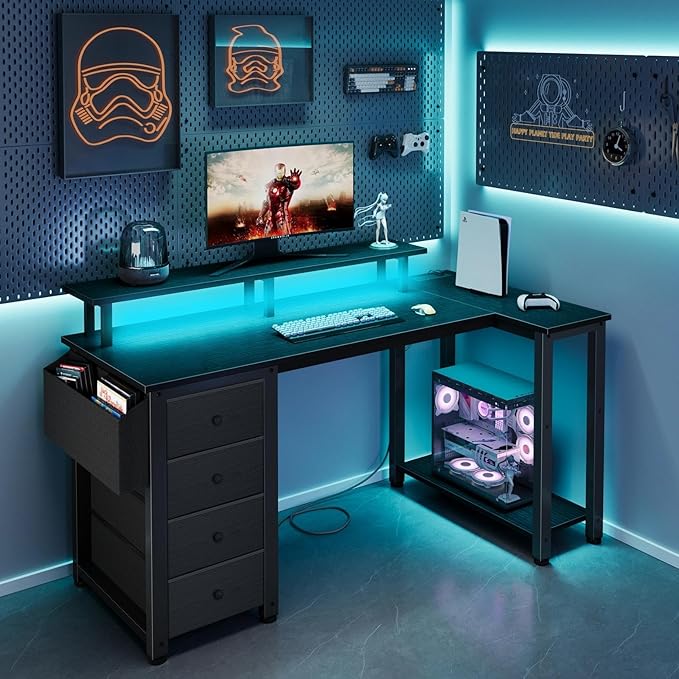Lufeiya Black L Shaped Desk with Led Lights and Power Outlets, 47 Inch Writing Study Computer Gaming Desks with Fabric Drawers for Bedroom, Home Office Corner Desk with Monitor Stand Shelves, Black