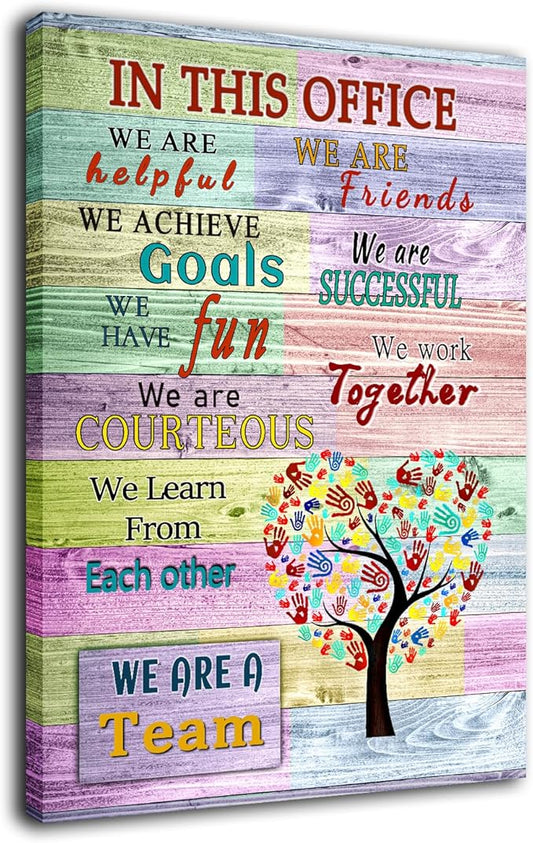 WHAOMIOT Inspirational Wall Art Poster - Positive Office Wall Decor Print Canvas In This Office We Are A Team Best Motivational Quotes Modern Office Decorations 16 x 24 Inch Frame Ready To Hang