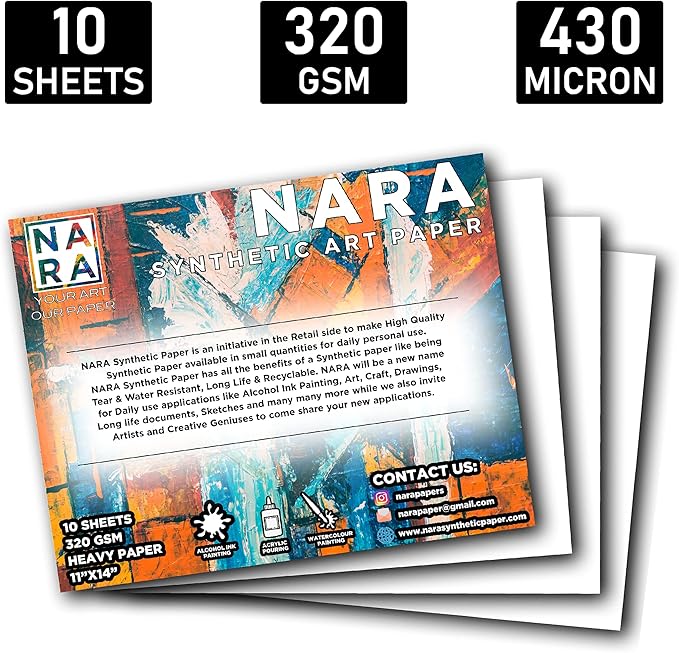 NARA Alcohol Ink Paper | White | 11 inches x 14 inches (11”x14”) | 430 microns/320 GSM | Heavy Paper | 10 Sheets | Paper for Alcohol Ink Art Painting | 100% Stain-Free