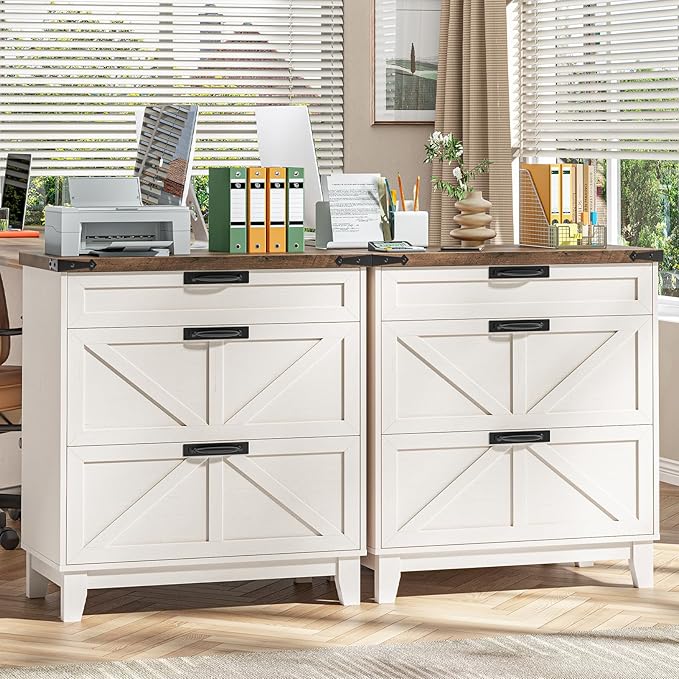 Vabches Lateral File Cabinet with 3 Drawers, Farmhouse File Cabinet for Legal/Letter/A4 Size Hanging Files, Large Wood Printer Stand Home Office, Rustic White