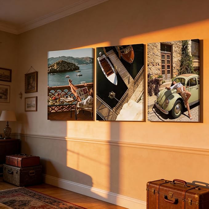 3Pcs Mediterranean Coastal Canvas Wall Art Vintage Italian Travel Photography Pictures Wall Decor Beach Vacation Lifestyle Posters Prints for Living Room Bedroom Office Home Decoration Prepare to hang