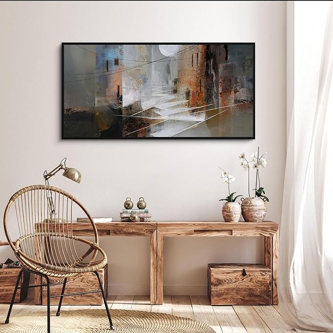 yiijeah Abstract Wall Art for Liiving Room Large Framed Artwork for Walls Mud-brown Canvas Decor Prints Pictures Bedroom Office Home Decor 48x24 Inches