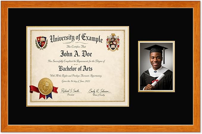 CountryArtHouse Fits 14 x 11 College Diploma (Modern) and 5 x 7 Photo Diploma and Photo Frame Honey Oak Genuine Hardwood with Black Over Metallic Gold Double mat