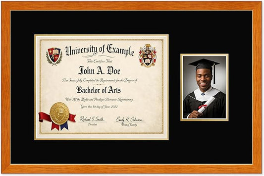 CountryArtHouse Fits 14 x 11 College Diploma (Modern) and 5 x 7 Photo Diploma and Photo Frame Honey Oak Genuine Hardwood with Black Over Metallic Gold Double mat