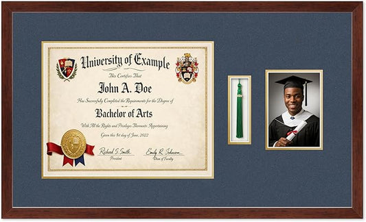 CountryArtHouse Diploma Tassel and Photo Shadowbox Fits 15 x 12 Military/Government with Tassel Hook Rustic Walnut Genuine Hardwood with Navy Blue Over Metallic Gold Double mat