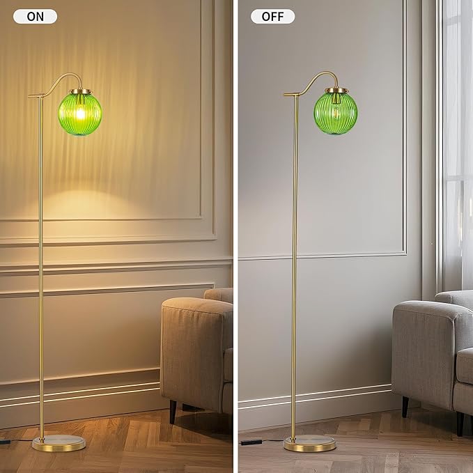 MAYNA Globe Floor Lamp, Emerald Green Round Glass Standing Lamp with Built-in Timer Switch, Gold Tall Vintage Lamps for Living Room Bedroom, 2700K LED Bulb Included