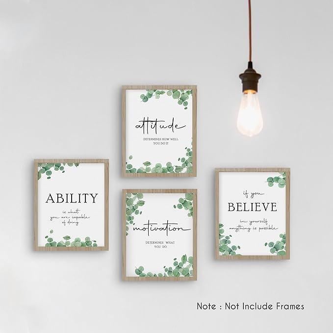 HRQKO Office Inspirational Quotes Wall Art Poster Prints Set of 4, Motivational Wall Art, Eucalyptus Decor Artwork Prints Posters Wall Decor, Affirmations Prints for Office Women Men 8”x10” Unframed