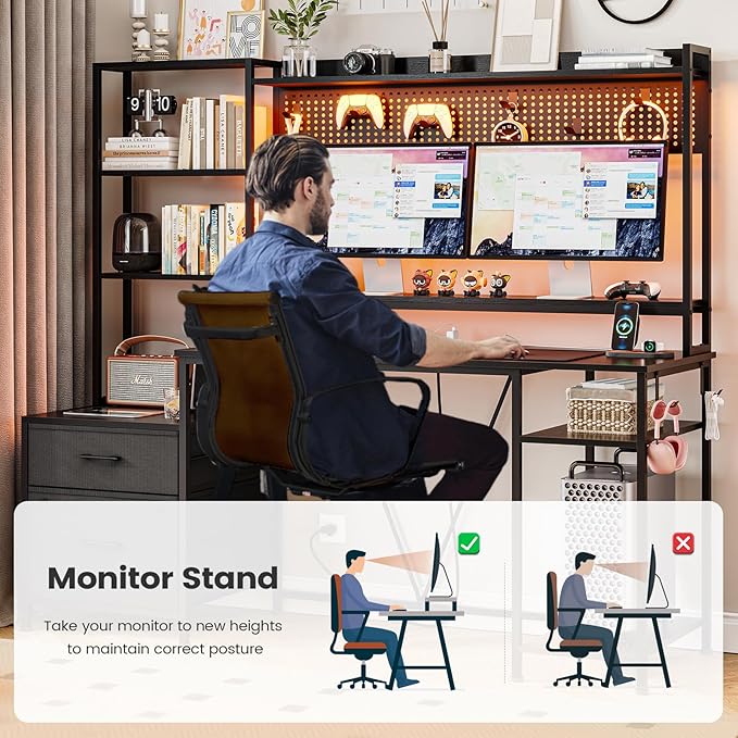 Gaming Desk with Hutch, 65in Reversible Computer Desk with Power Outlets LED Light, Home Office Desk with Monitor Stand 2 Drawers 4 Storage Shelves Pegboard 8 Hooks Mouse Pad (Black)