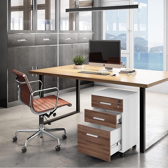 Modern Design Lazio File Cabinet, Filing Cabinets for Home Office, Drawers for Under Desk, Locking 3 Drawer Rolling Filing Cabinet with Lock, Walnut and White, by Crafts and Comfort